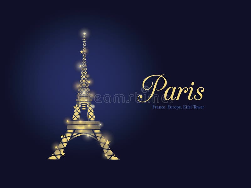 Vector Golden Glowing Eifel Tower in Paris Silhouette At Night. French Landmark On Dark Blue Horizontal Background. stock illustration Vector Golden Glowing Eifel Tower in Paris Silhouette At Night. French Landmark On Dark Blue Horizontal Background. stock illustration