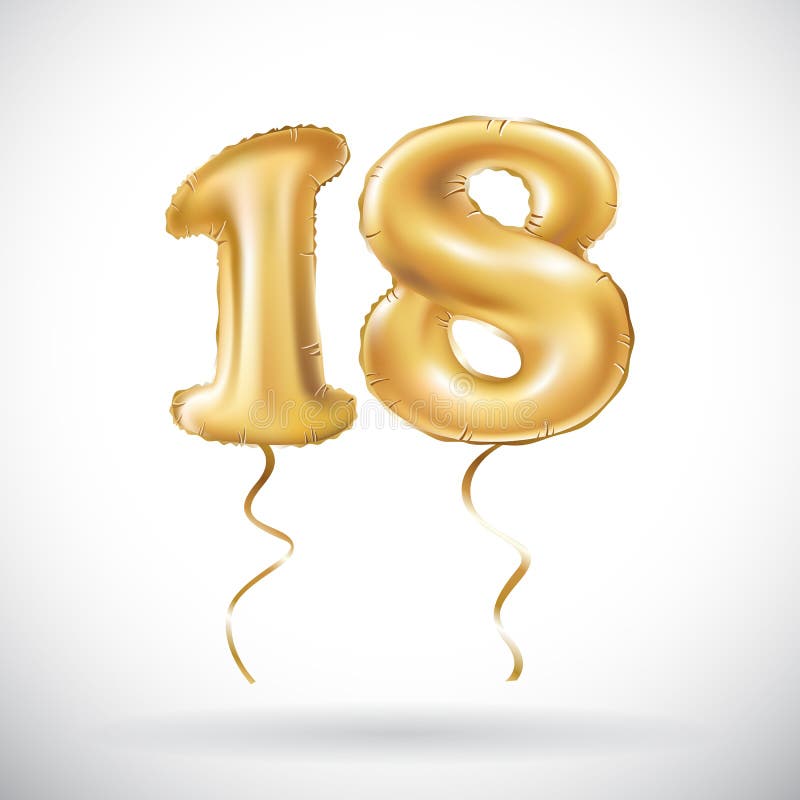 Vector Golden number 18 eighteen metallic balloon. Party decoration golden balloons. Anniversary sign for happy holiday, celebrati