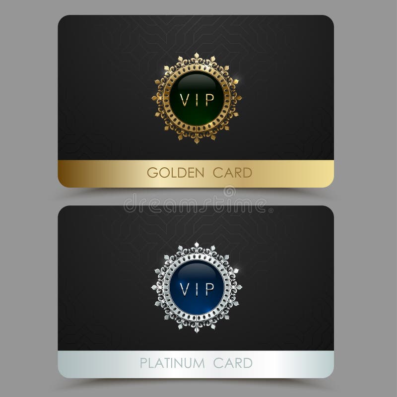 Vector golden and platinum VIP card template. Crown round frame with gem on a black geometric pattern background. Jewel label