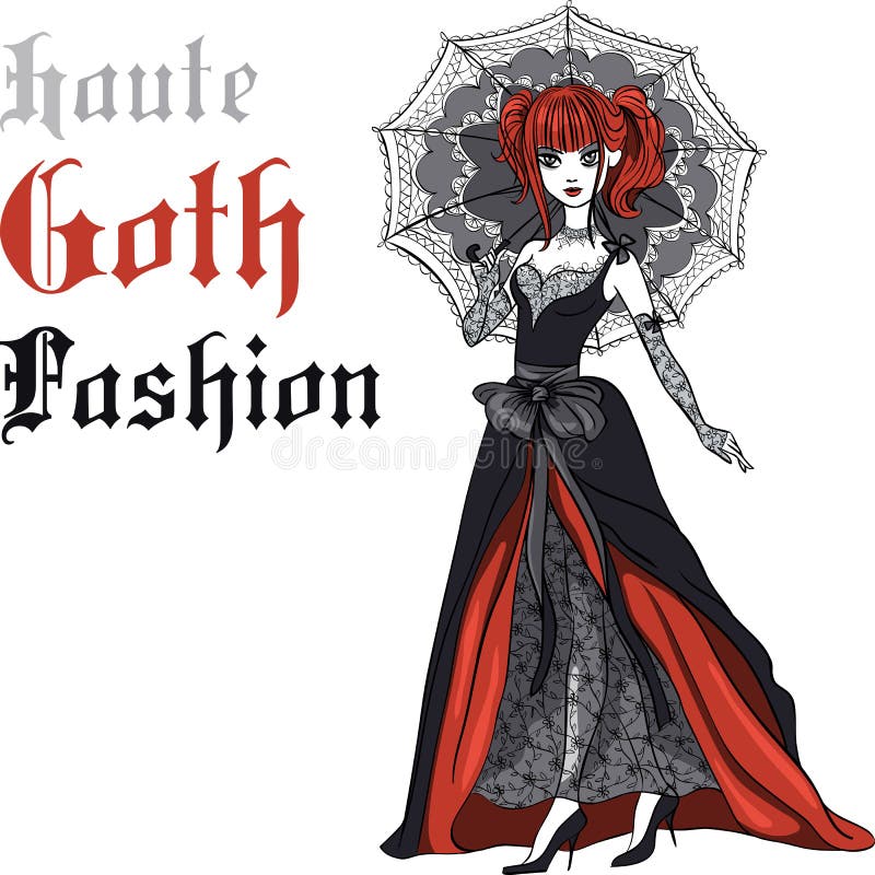 Vector Goth-Mädchen im schwarzen Kleid mit Regenschirm lizenzfreie abbildung
