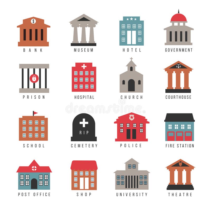 Vector government building colored icons. Municipal city architecture symbols isolated on white background