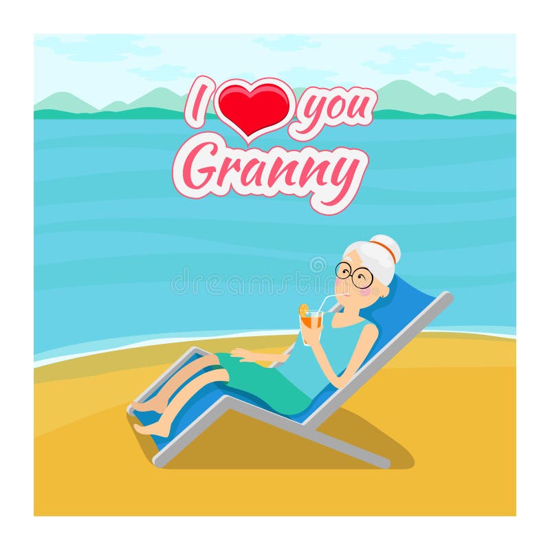 Vector grandparents day background. I love you grandma post card. Grandmother cartoon, drinking cocktail lying illustration