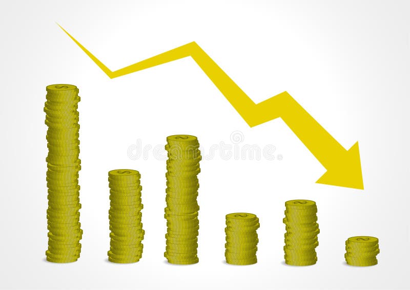 Vector : Graph coin with decrease arrow on white background. Coin decrease vectors
