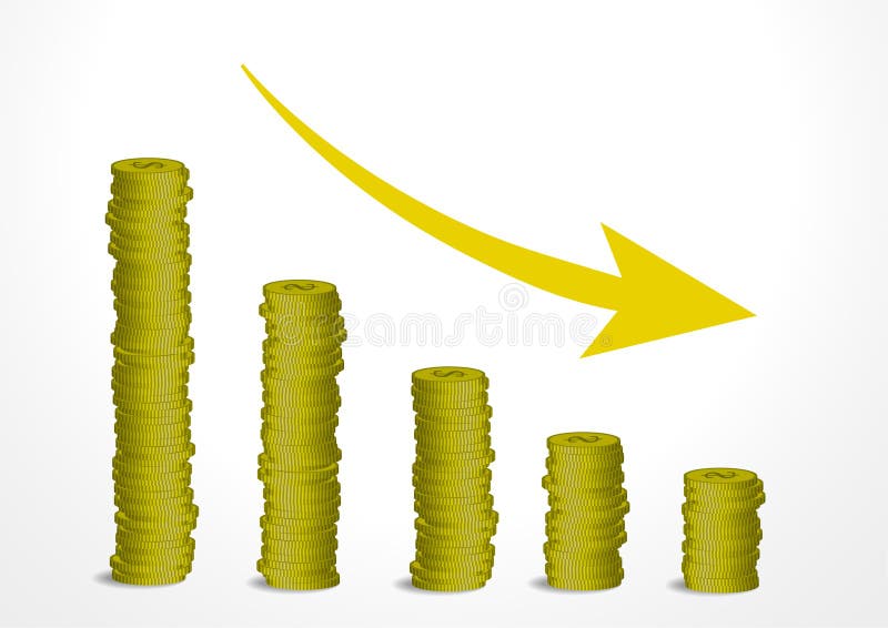 Vector : Graph coin with decrease arrow on white background. Coin decrease vectors