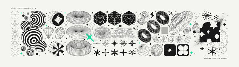 Vector graphic assets set in acid style, retro futuristic background with wireframe elements of different forms, bold modern stock illustration