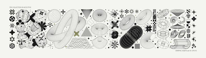 Vector graphic assets set in acid style, retro futuristic background with wireframe elements of different forms, bold modern vector illustration