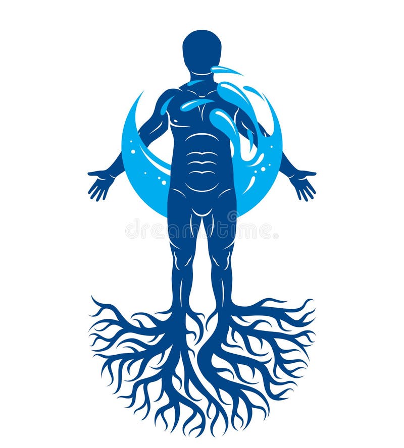 Vector graphic illustration of muscular human, individual created with tree roots and surrounded by a water ball. Body cleansing