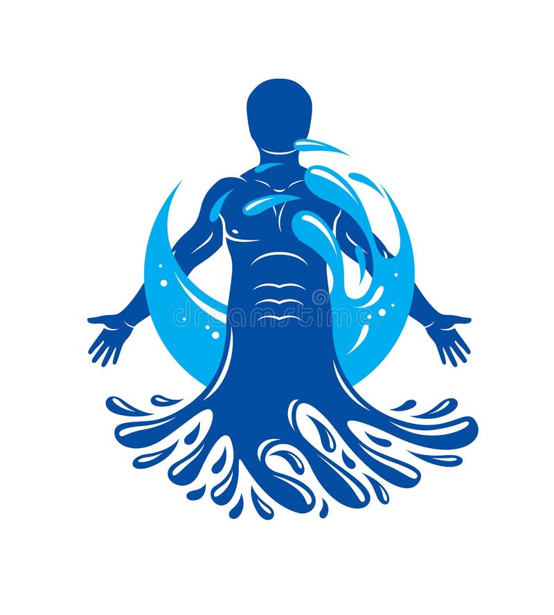 Vector graphic illustration of strong male, body silhouette surrounded by a water ball. Living in harmony with nature.