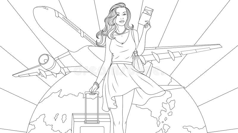 Vector graphics, beautiful girl travels the world, air flights