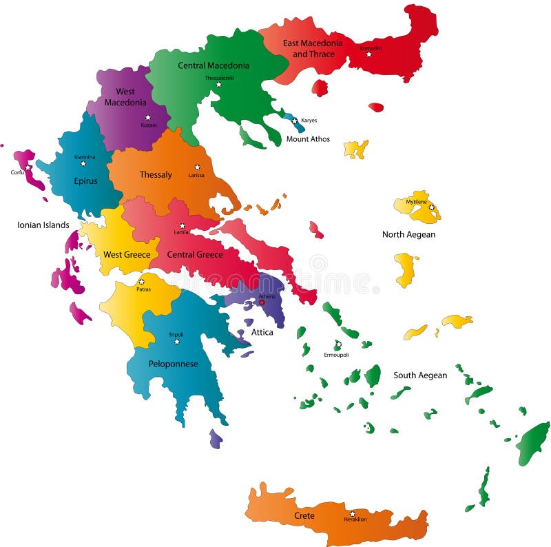 Řecko mapa navržen v ilustraci s regiony barvy v jasných barvách a s hlavní města.