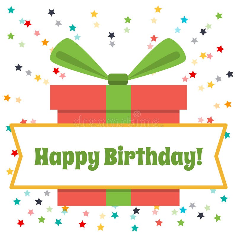 Vector greeting card Happy Birthday. Big gift box and Fireworks of colored stars royalty free illustration Vector greeting card Happy Birthday. Big gift box and Fireworks of colored stars royalty free illustration