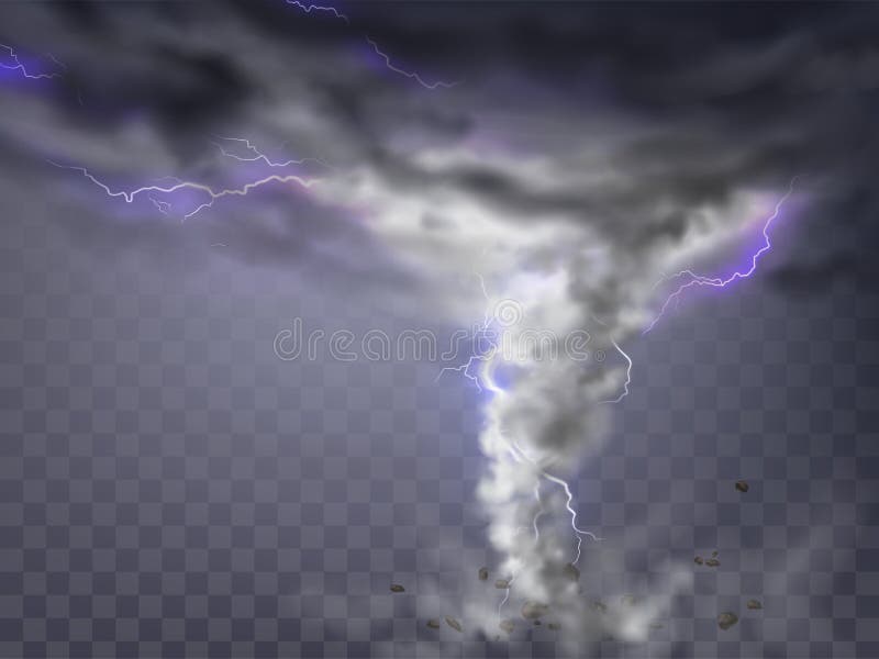 Vector realistic tornado with lightnings, destructive hurricane isolated on transparent background. Wind cyclone, twisted vortex with flashes of light and flying stones, dangerous natural disaster. Vector realistic tornado with lightnings, destructive hurricane isolated on transparent background. Wind cyclone, twisted vortex with flashes of light and flying stones, dangerous natural disaster