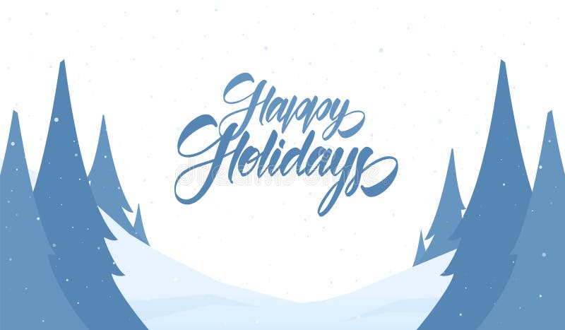 Vector groetkaart Sneeuwkerstmisachtergrond met hand het van letters voorzien van Gelukkige Vakantie en pijnbomen vector illustratie Vector groetkaart Sneeuwkerstmisachtergrond met hand het van letters voorzien van Gelukkige Vakantie en pijnbomen vector illustratie