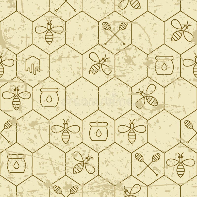 Vector grunge seamless pattern with linear bees, honeycombs, honey dipper symbol and design elements. royalty free illustration