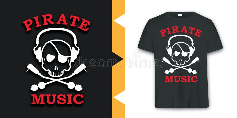 Vector gráfico del diseño de la camiseta de la música del cráneo del pirata stock de ilustración Vector gráfico del diseño de la camiseta de la música del cráneo del pirata stock de ilustración