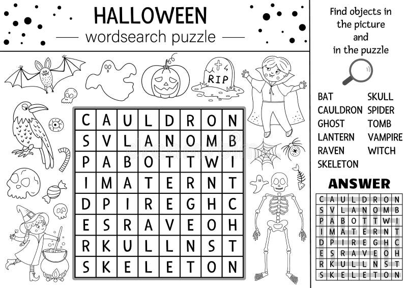 Vector halloween word scramble página de atividade jogo de língua