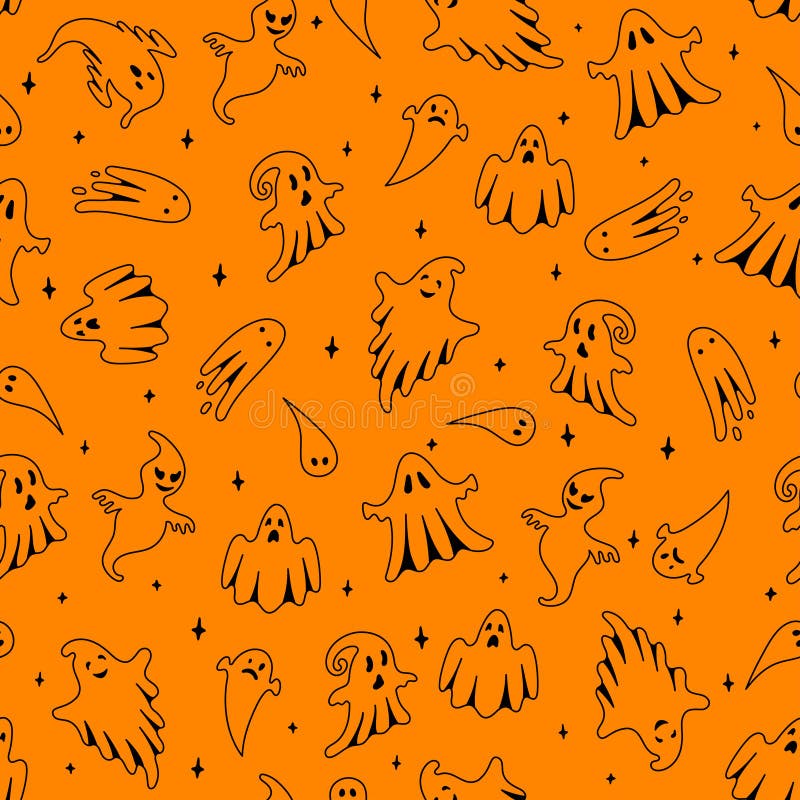 Vector Halloween ghost seamless pattern. Cute doodle flying ghosts on orange background. Spooky cartoon character stock illustration