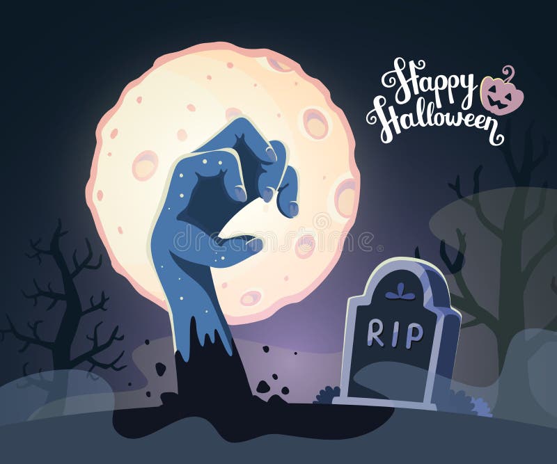Vector halloween illustration of zombie hand in a graveyard with