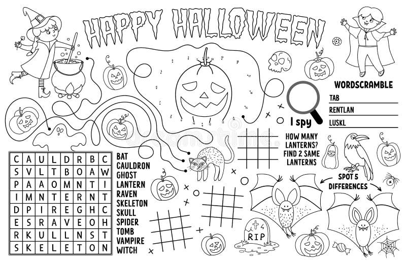 Vector halloween word scramble página de atividade jogo de língua
