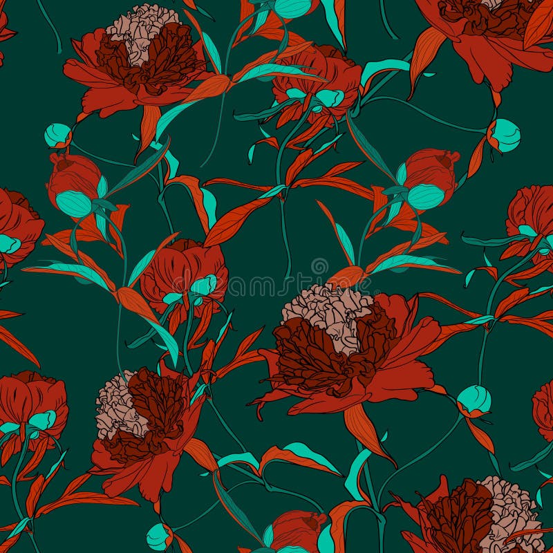Vector hand drawn abstract illustration of red peony flowers and green leaves seamless pattern.