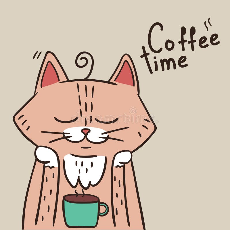 Vector Hand Drawn Cat with Coffee. Stock Vector Illustration of hand