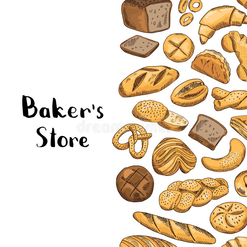 Vector hand drawn colored bakery elements stock illustration