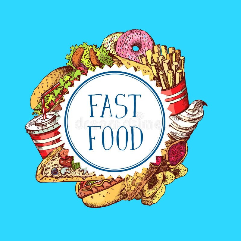 Vector hand drawn colored fast food elements gathered under circle illustration stock illustration Vector hand drawn colored fast food elements gathered under circle illustration stock illustration