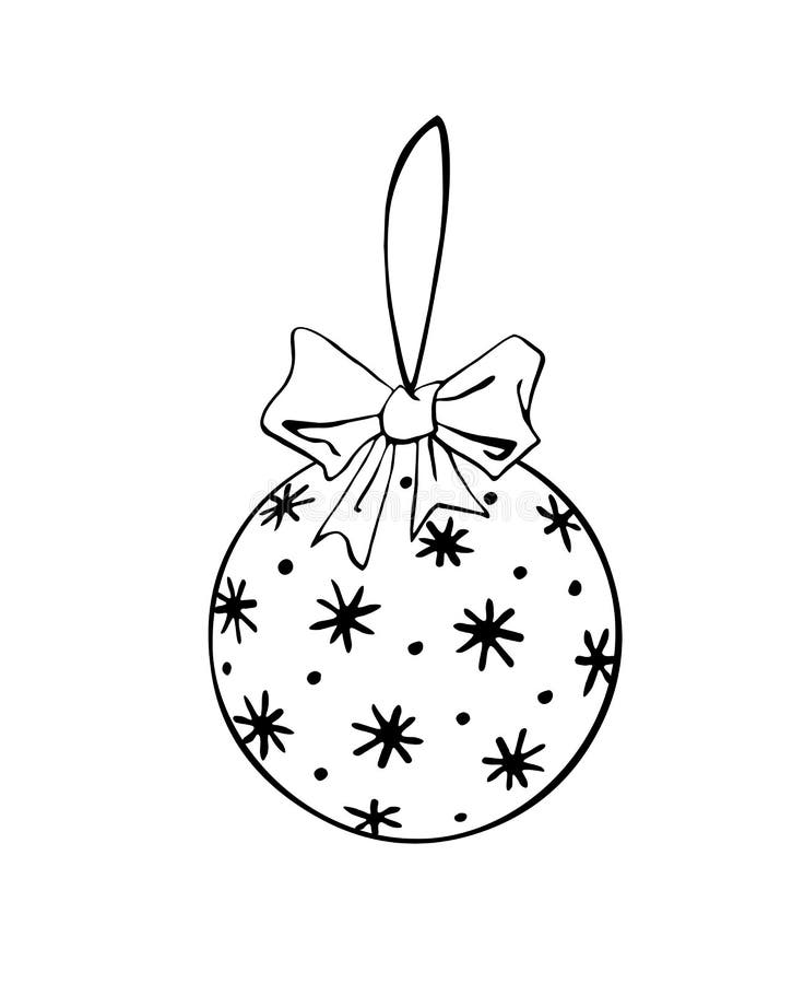 Vector Hand Drawn Contour and Shape of Christmas Tree Ball with Bow and ...