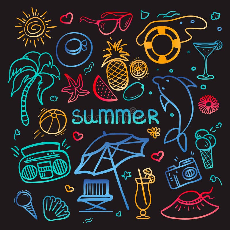 Vector hand-drawn Doodle set of objects and symbols in neon style for summer holidays. royalty free illustration
