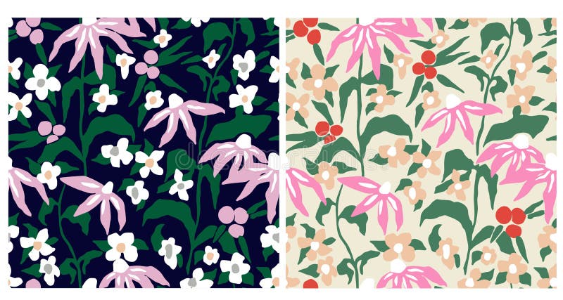 Vector hand-drawn flower pattern 2 color ways set