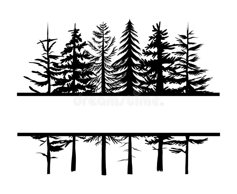 Vector Hand Drawn Forest Trees Split Frame, Line Drawing Stock Vector