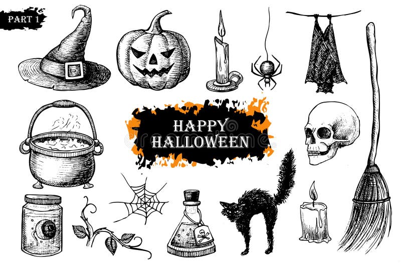 Vetor do Stock: Coloring page. Black and white vector illustration with  happy pumpkin in witch hat. Lettering `Happy Halloween`.