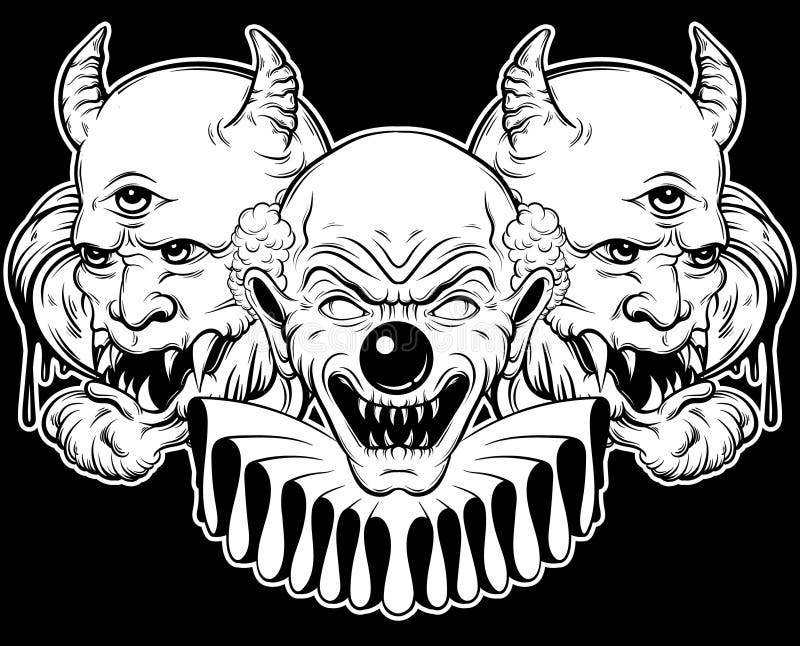 Vector hand drawn illustration of angry clown and daemon.