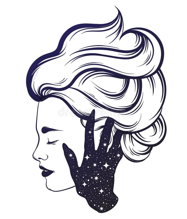 Vector hand drawn illustration of beautiful woman profile with hand of a ghost.