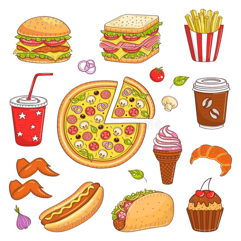 Vector Hand Drawn Illustration of Fast Food Stock Vector - Illustration