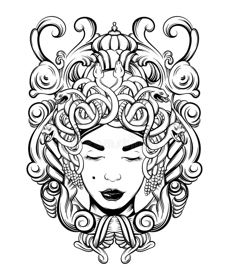 Vector Hand Drawn Illustration of Gorgon in Baroque Frame Isolated ...