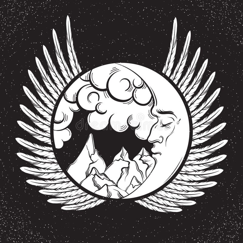 Vector Hand Drawn Illustration of Landscape with Moon, Clouds, Waves