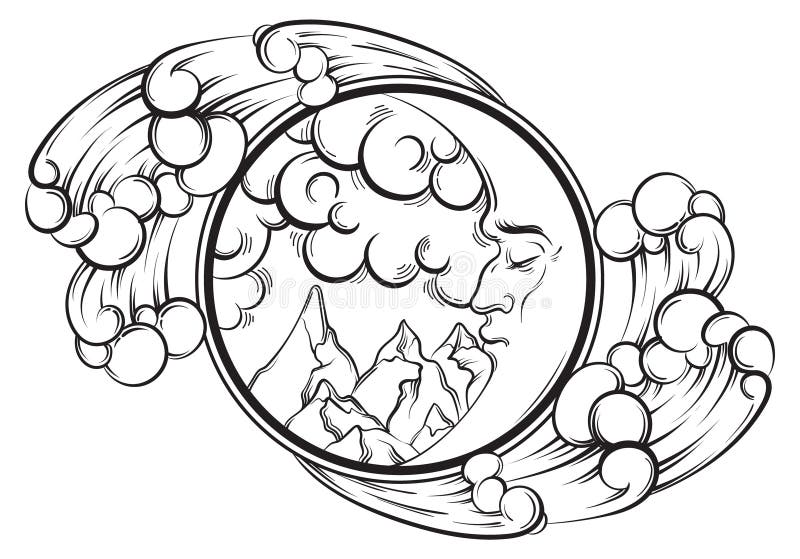 Vector Hand Drawn Illustration of Landscape with Moon, Clouds, Waves