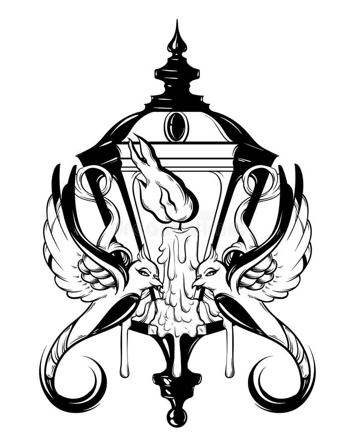 Vector Hand Drawn Illustration of Lantern with Melting Candle and Birds