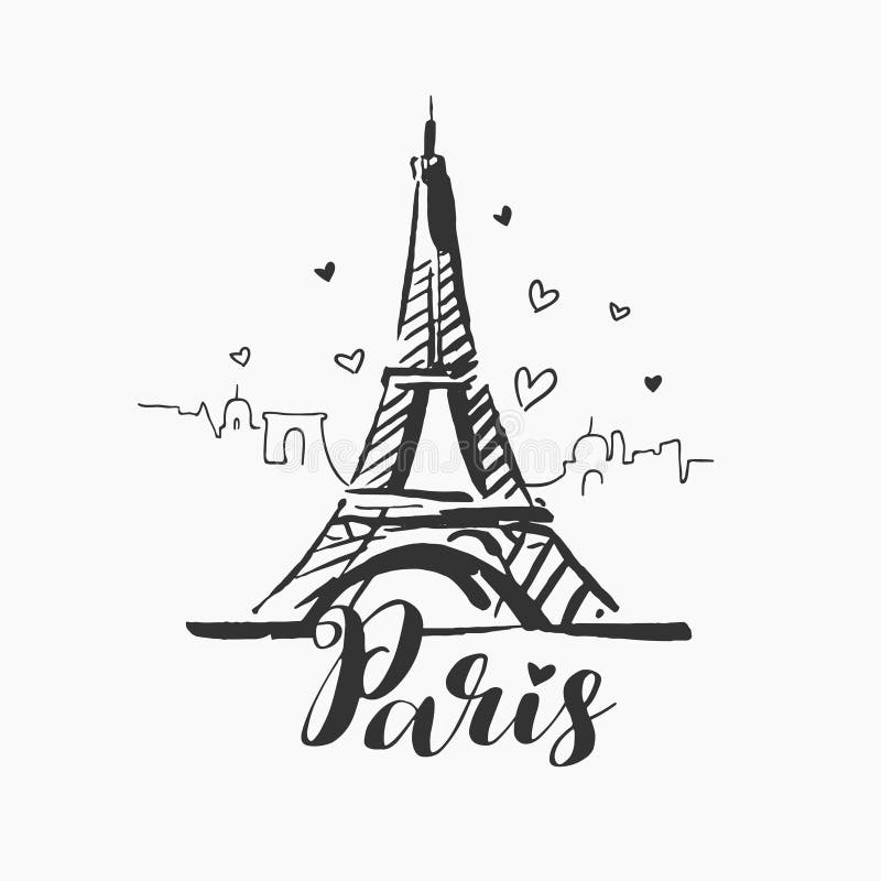 Vector Hand Drawn Illustration of Paris Famous Building Silhouette on ...