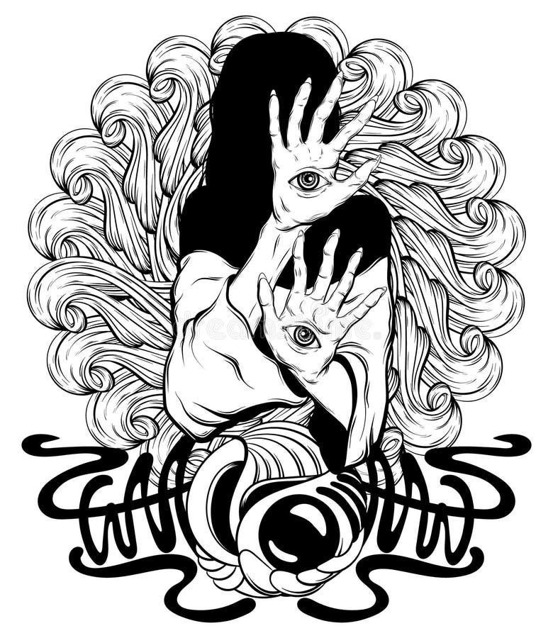 Vector hand drawn illustration of witch with eyes on hands with ornament and details.