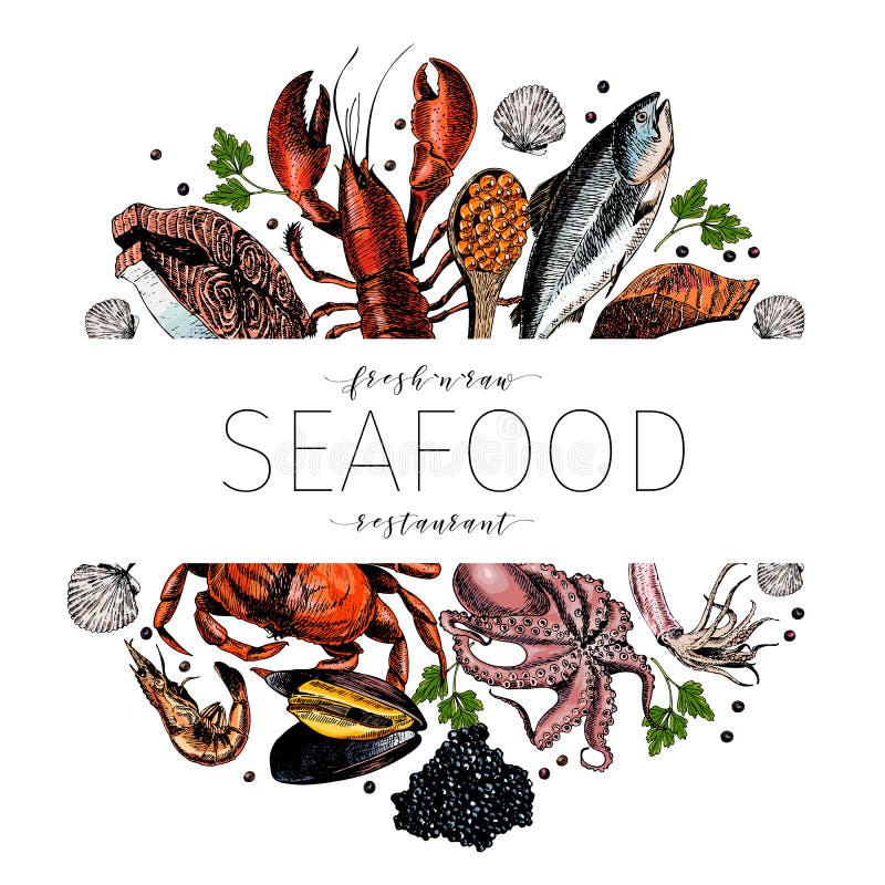 Vector Hand Drawn Seafood Banner colored Lobster Salmon 