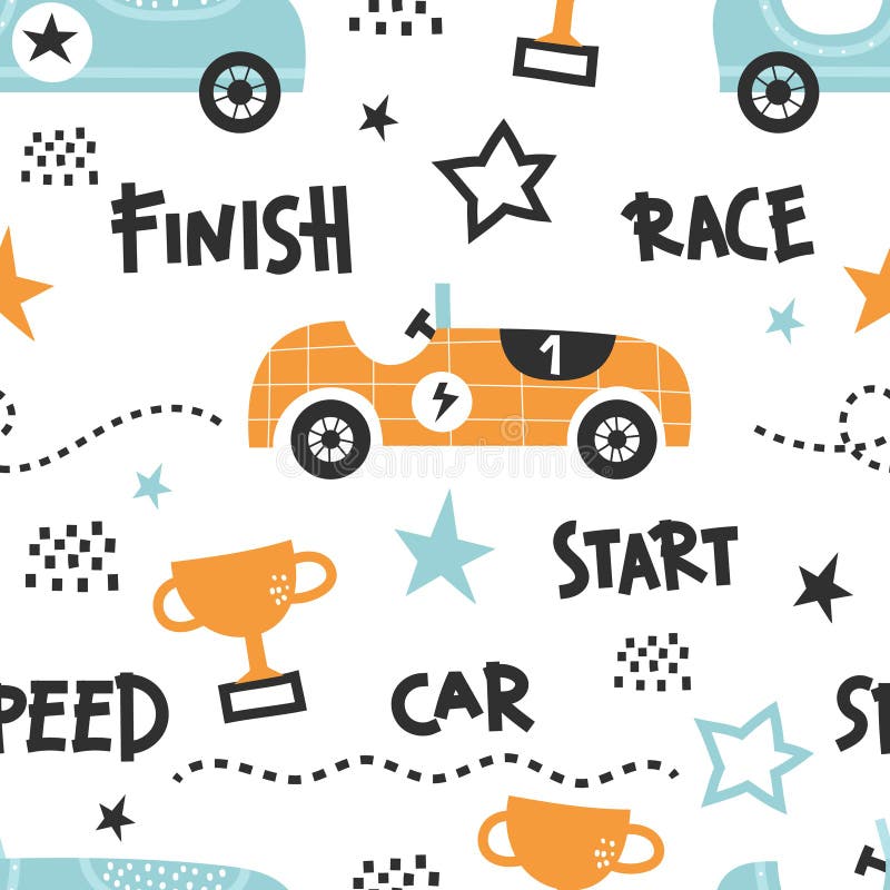 Vector Hand-drawn Seamless Childish Pattern with Cute Retro Racing Cars on  a White Background. Kids Texture for Fabric Stock Vector - Illustration of  baby, vector: 228732581