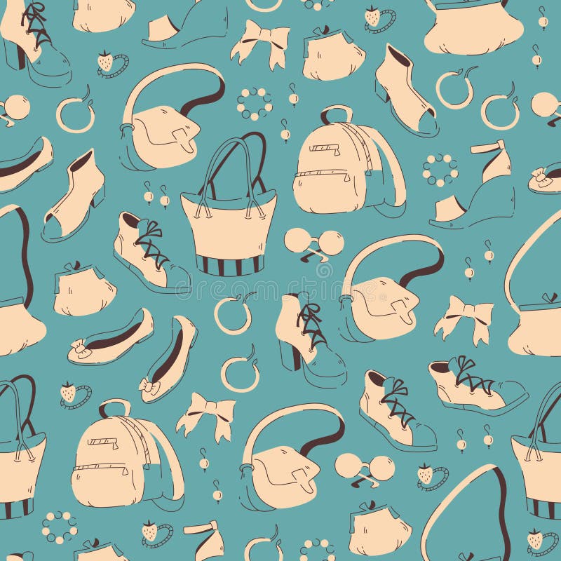 Vector Hand Drawn Seamless Pattern of Shoes and Bags. Vector Doodle