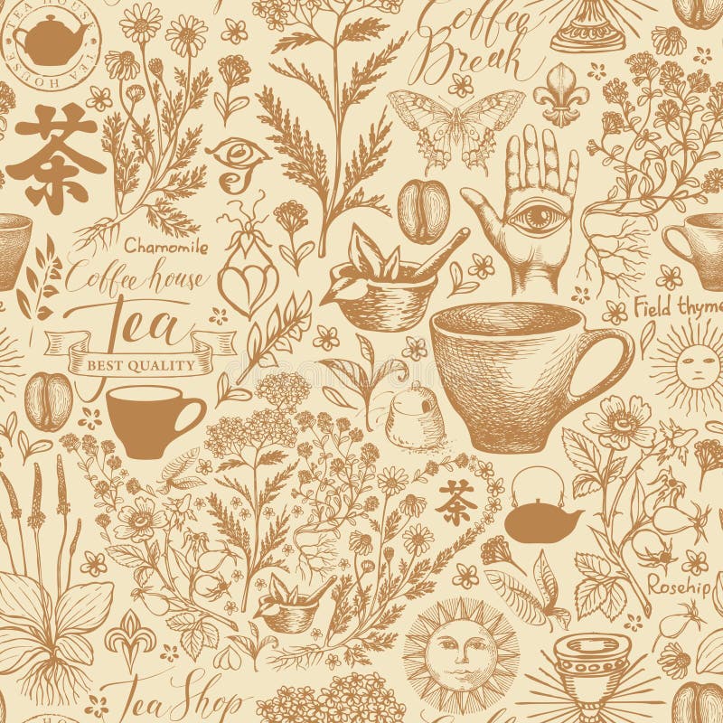 Vector hand-drawn seamless pattern on the tea theme