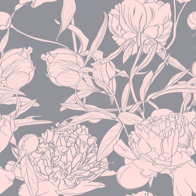 Vector hand drawn sketch illustration of pink peony flowers seamless pattern. Floral grey background, royalty free illustration Vector hand drawn sketch illustration of pink peony flowers seamless pattern. Floral grey background, royalty free illustration