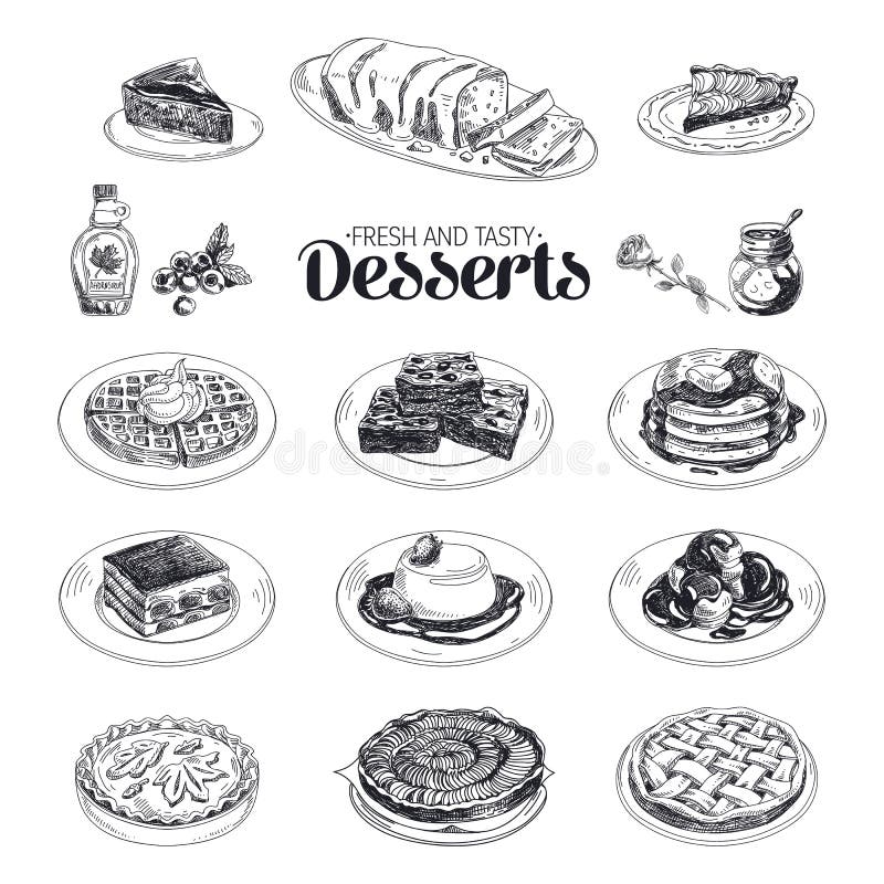 Vector hand drawn sketch restaurant desserts set royalty free illustration