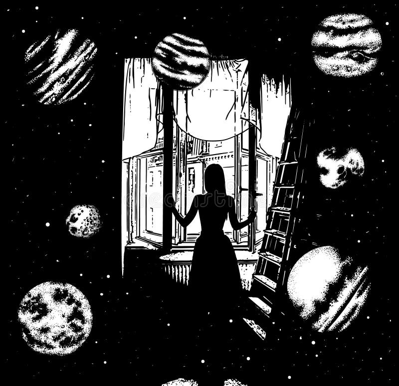 Vector hand drawn surreal illustration of a girl opening window in the other world . stock illustration Vector hand drawn surreal illustration of a girl opening window in the other world . stock illustration