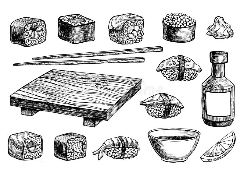 Vector hand drawn sushi set. royalty free illustration Vector hand drawn sushi set. royalty free illustration