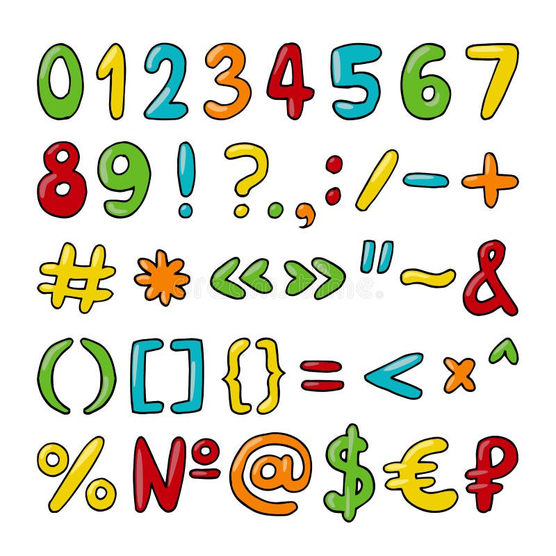 Vector Hand gezeichneten Satz Zahlen, Interpunktionszeichen und Sonderzeichen